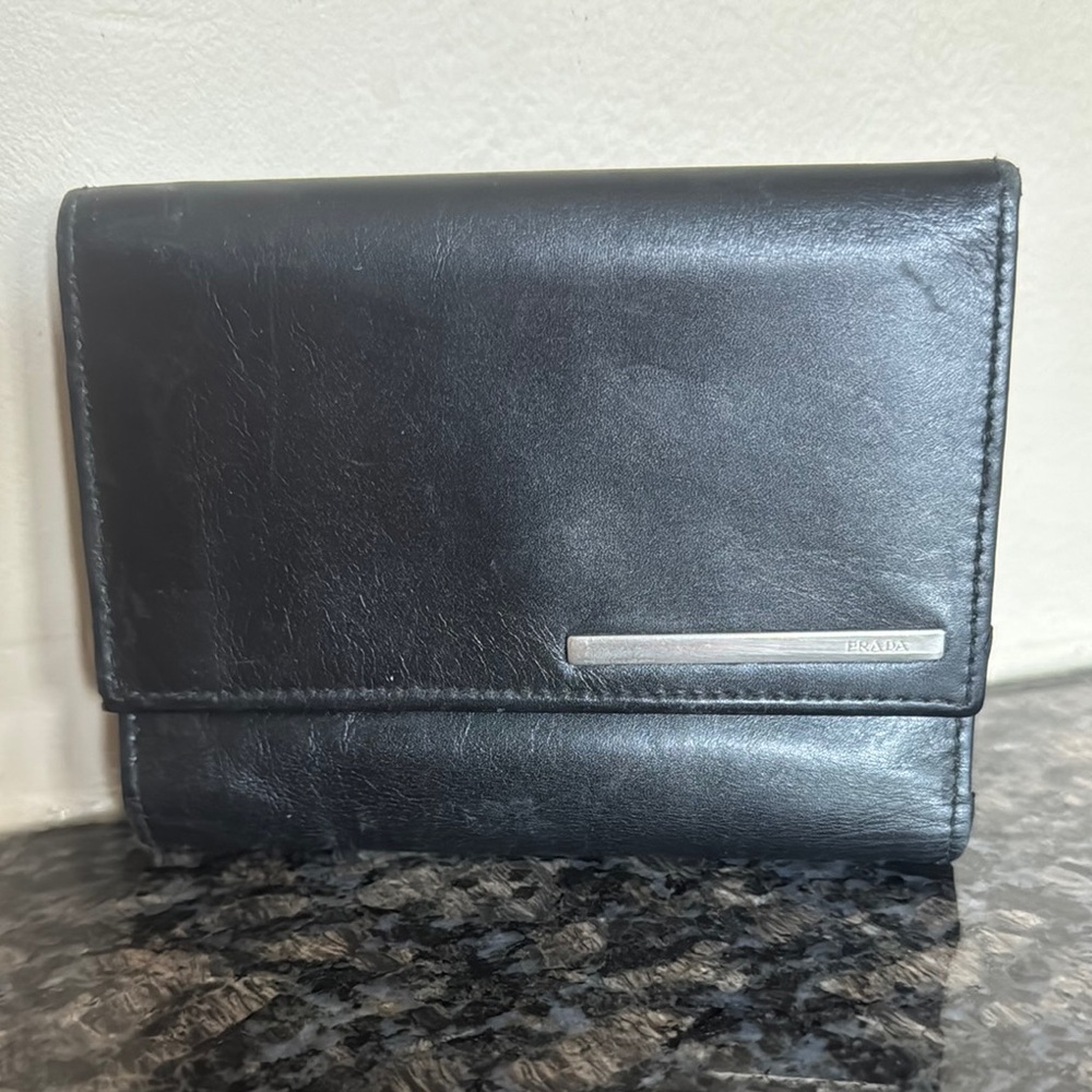 PRADA Vintage Black Leather Trifold Wallet , Zip Coin Pocket Pre Owned